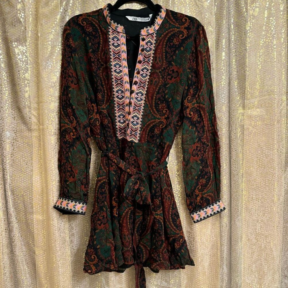 ZARA Deep Burgundy Green Boho Jacquard Long Sleeve Ribbon Tie Dress L NWT